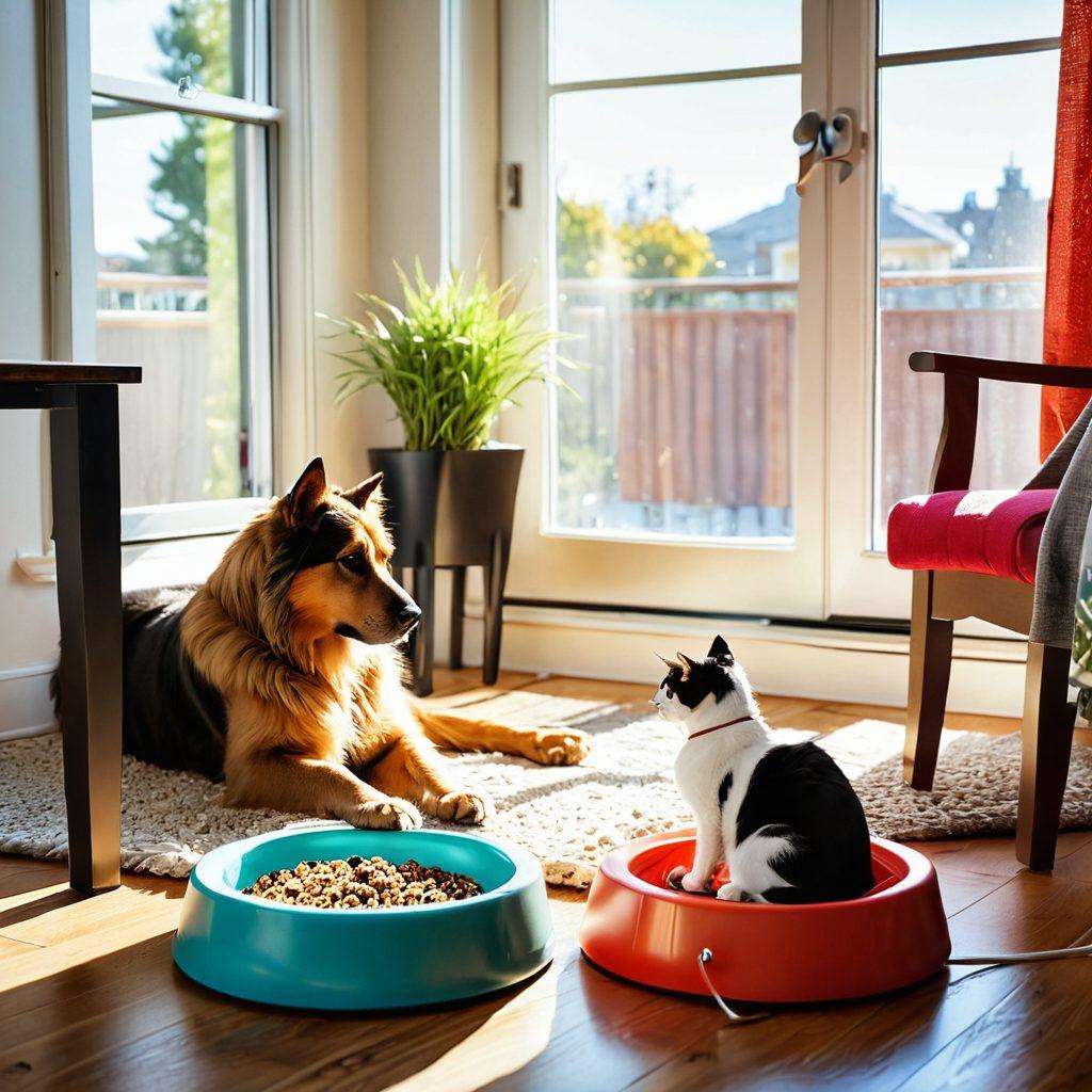 A comforting scene of a cozy living room where a cat and dog are happily playing together, surrounded by essential care items like a pet food bowl, a scratching post, and toys. Sunlight streaming through a window enhances the warmth of the space, with a gentle reminder of wellness, like a stethoscope nearby. The pets are depicted in vibrant colors to convey joy and health. super-realistic. vibrant colors. cozy atmosphere.
