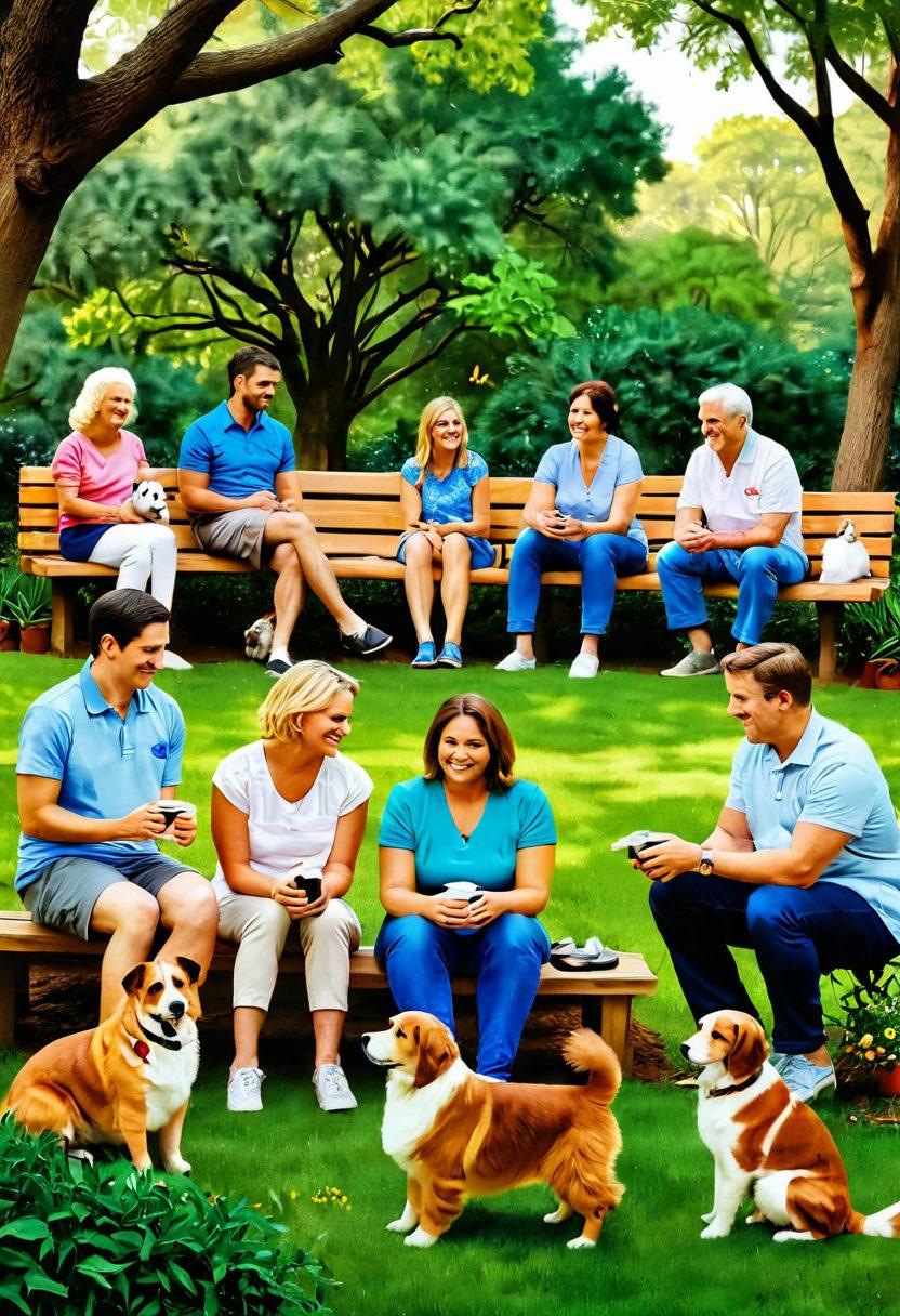 A warm and inviting scene depicting a diverse group of people happily interacting with various pets in a lush Georgia park. Include a mix of breeds and species, emphasizing adoption and responsible care, with elements like pet food bowls, training tools, and adoption flyers scattered around. The background should showcase iconic Georgia elements, like oak trees and southern flowers, creating a sense of community. Bright, cheerful colors that evoke positivity and warmth. super-realistic. vibrant colors. 3D.