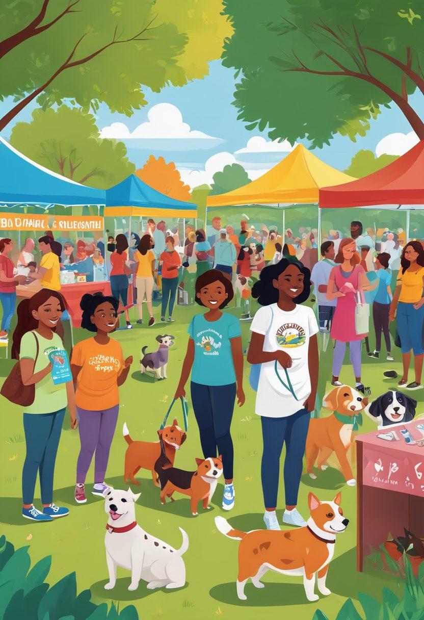 A diverse group of people actively engaging with pets at a vibrant community event, featuring adoption booths, educational displays on animal advocacy, and happy rescued animals interacting with attendees. Showcase a park-like setting with colorful banners promoting pet care and advocacy. Include playful animals and people of various ages to depict inclusivity and community spirit. cartoon style. bright colors. lively atmosphere.